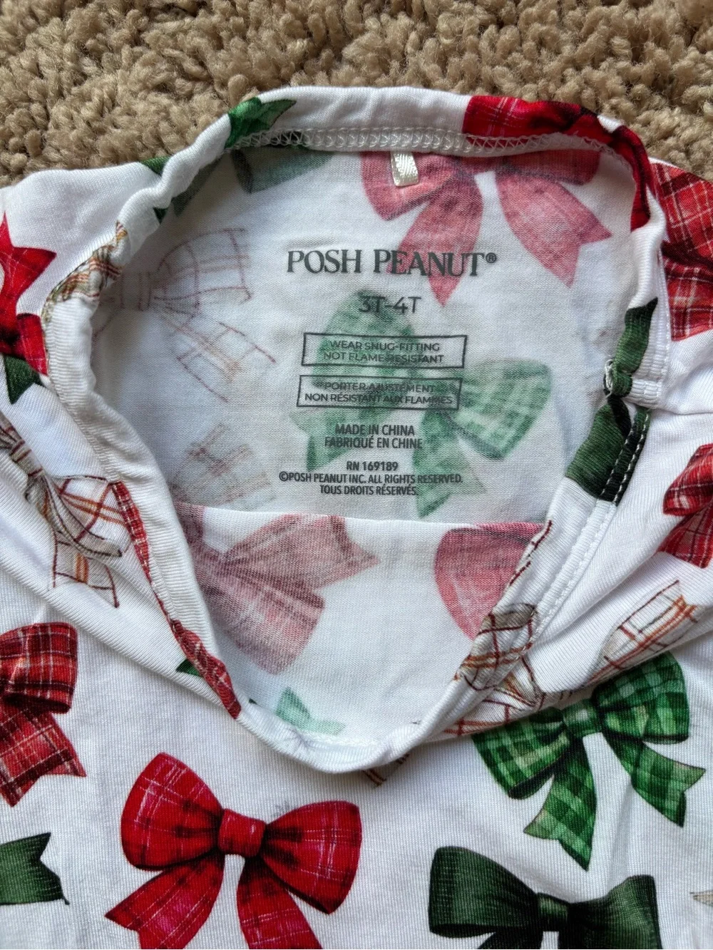 3T-4T White Holiday Bow Print Pajama Set: Posh Peanut Long Sleeve